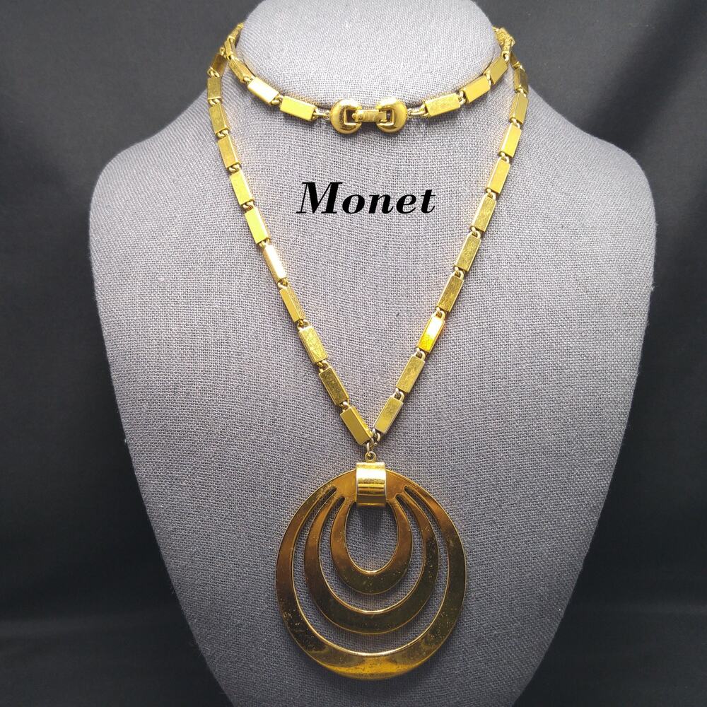 Vintage Monet Tournee Pendant Necklace Long Gold Plated 1960s